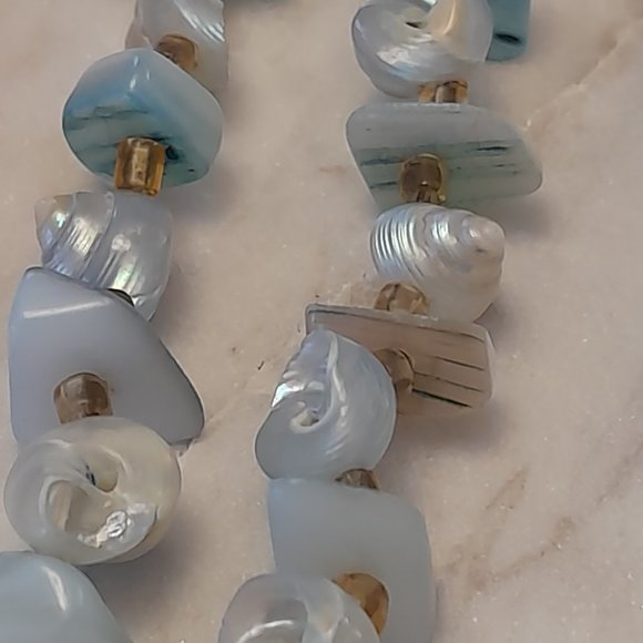 Light Blue Shell and Stone Necklace/ Coral coloured Shell Stretch Bracelet - Picture 13 of 14